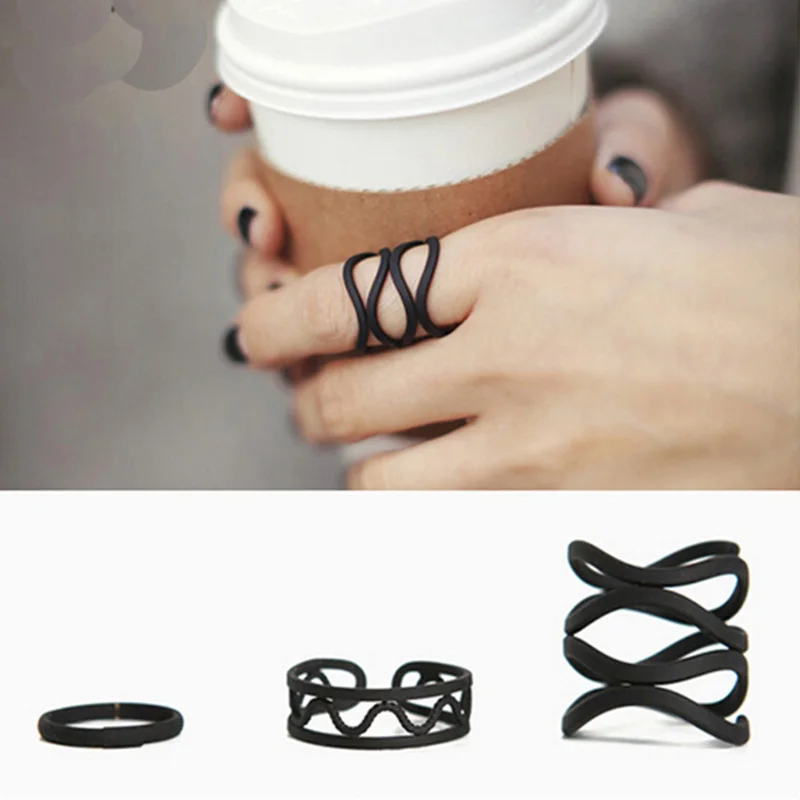 

3Pcs/set Punk Multilayer Hollow Cross Midi Finger Tip Rings Female Black Stack Plain Above Knuckle Ring Set For Women Gift