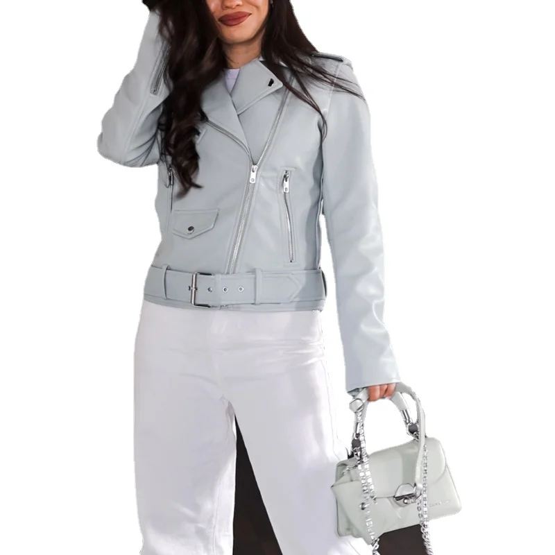 Spring Autumn Women Faux Leather Jacket Ladies Solid With Belt Zipper Biker Coat Female Casual Outwear