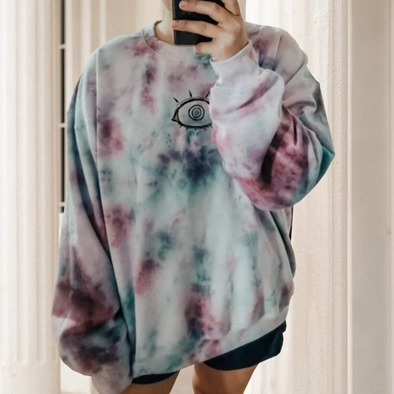 

2020 Autumn Hoodies Streetwear Tie Dye Warm Women All-match Letter Printed Casual Oversize Pullovers Hip Hop Loose Sweatshirts