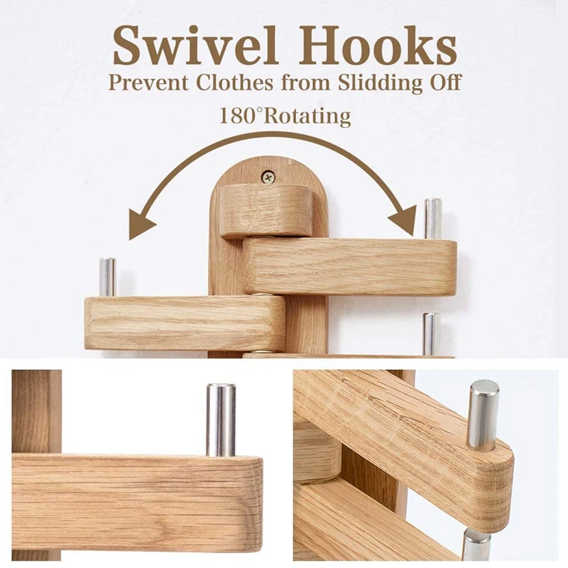 

Coat Hooks, Oak Wood Swivel Hooks Wall Mounted Towel Hook with 5 Folding Swing Arms-Foldable Rotating Coat Hanger