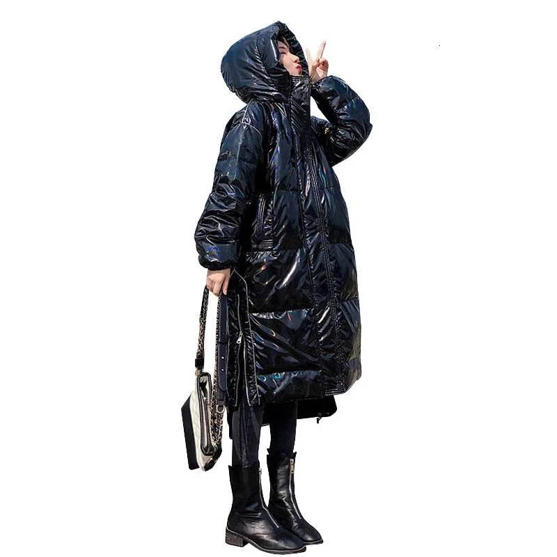 

2020 ladies 90% White Duck Down Jacket Winter long Fashion Shiny Black Down coat plus Size Couple Series Hooded Down pike Coat