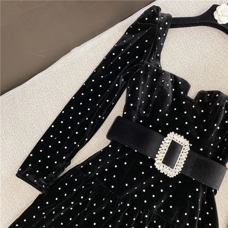 

Summer Women Fashion Square Collar Long Sleeve Diamond Decoration Belt A-Line High Waist Casual Black Dress