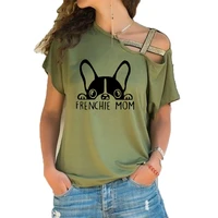 summer frenchie mom fashion french bulldog mom print t shirt women short sleeve t shirt irregular skew cross bandage tee tops