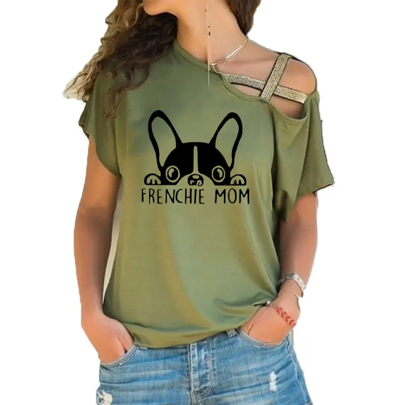 Summer Frenchie Mom Fashion French Bulldog Print T Shirt Women Short Sleeve T-shirt Irregular Skew Cross Bandage Tee Tops | Женская