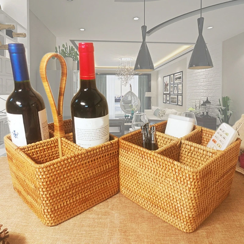 

Square Hand Woven Storage Basket 4 Compartment Desktop Storage Serving Basket Creative Organizer Household Collection