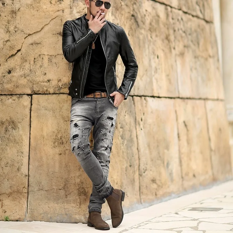 Мужские рваные джинсы с дырками облегающие длинные брюки повседневные Прямые из