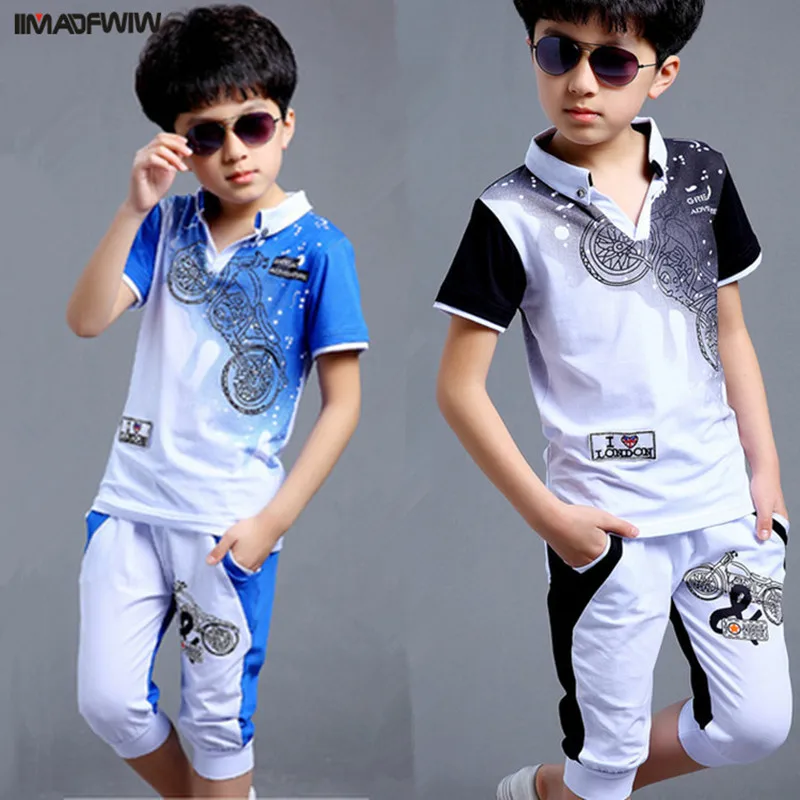 5-16T Boy Fashion Casual Sport Suit Clothing Set Motorcycle Print Short Sleeve Knitted Children Teens Clothes 2021 Summer New |