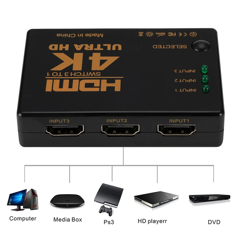 3 порта 4K HD 1080P Коммутатор HDMI Переключатель Селектор сплиттер с концентратором ИК