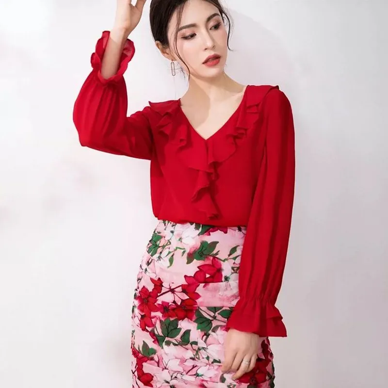 

Женская шифоновая рубашка с длинным рукавом, винтажная блузка с оборками, элегантный офисный топ на весну 2022