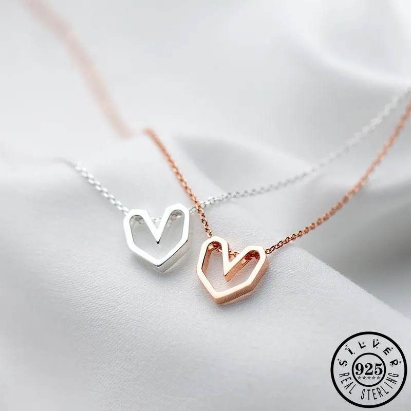 

925 Sterling Silver Hollow Love Heart Shaped Pendant Rose Gold Color Chain Statement Collar Necklaces for Women Girls