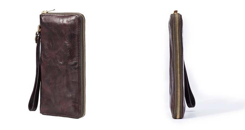 High Quality Vintage Real Cowhide Men Wallet Cash Purse Zipper Modern Stylish Male Long Day Clutches Wristlets Wallet Card Case