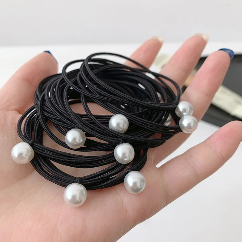 

Fresh Lady Hair Rope High Elastic Rubber Band Cute Pearl Hair Band Hair Accessories Headdress Pearl Scrunchie Solid Color 5Pcs