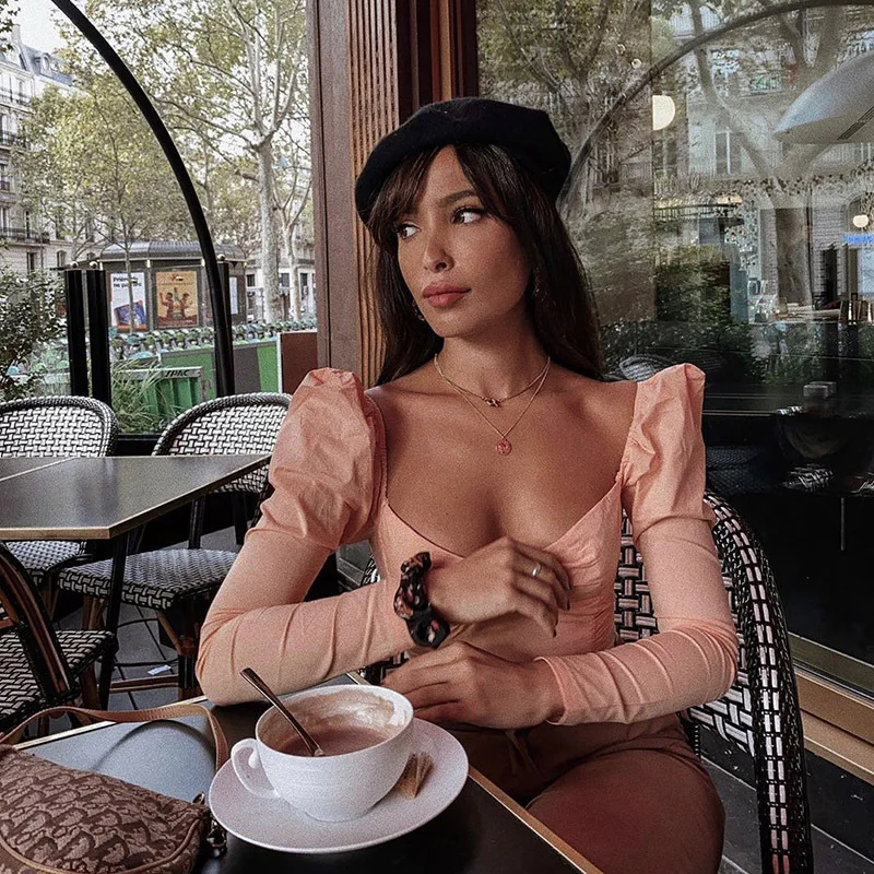 Женский осенне зимний сексуальный укороченный топ розовый квадратный воротник