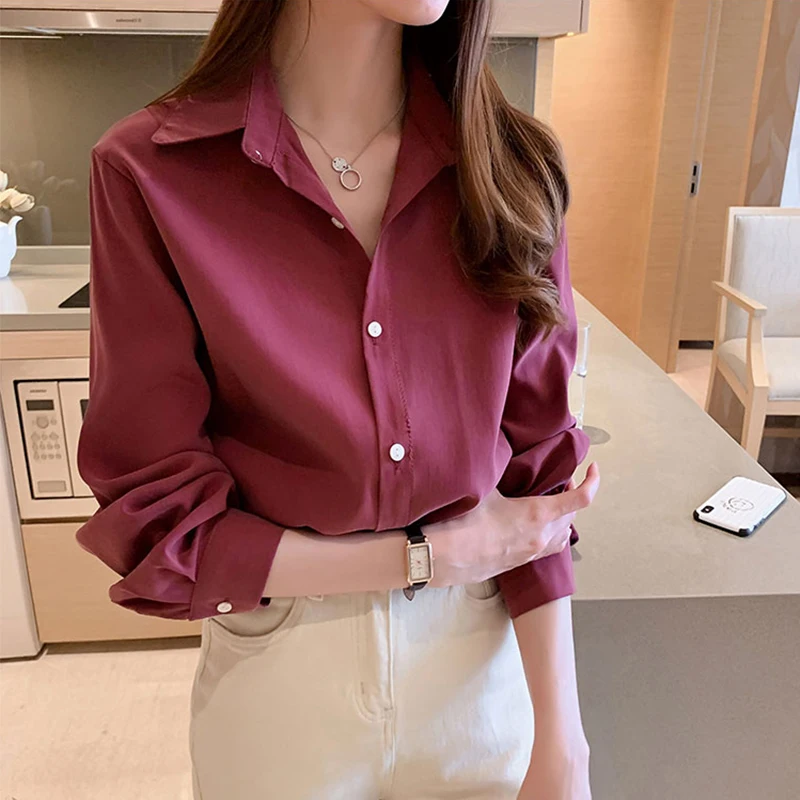 

Women Shirts Solid Turn-down Collar Office Ladies Simple Elegant Loose Plus Size S-4XL Spring Clothes Female Chiffon Tops Trendy