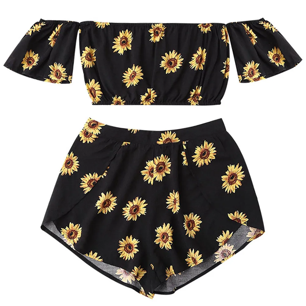 

Fashion Two piece set women Casual Two Piece Set Women Off Shoulder Sunflower Printed Beachwear Crop Tops