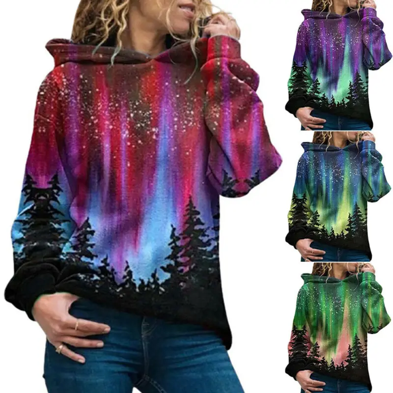 

Women Tops Forest 3D Printed Long Sleeve Hooded Sweatshirt Jumper Loose Casual Pullover