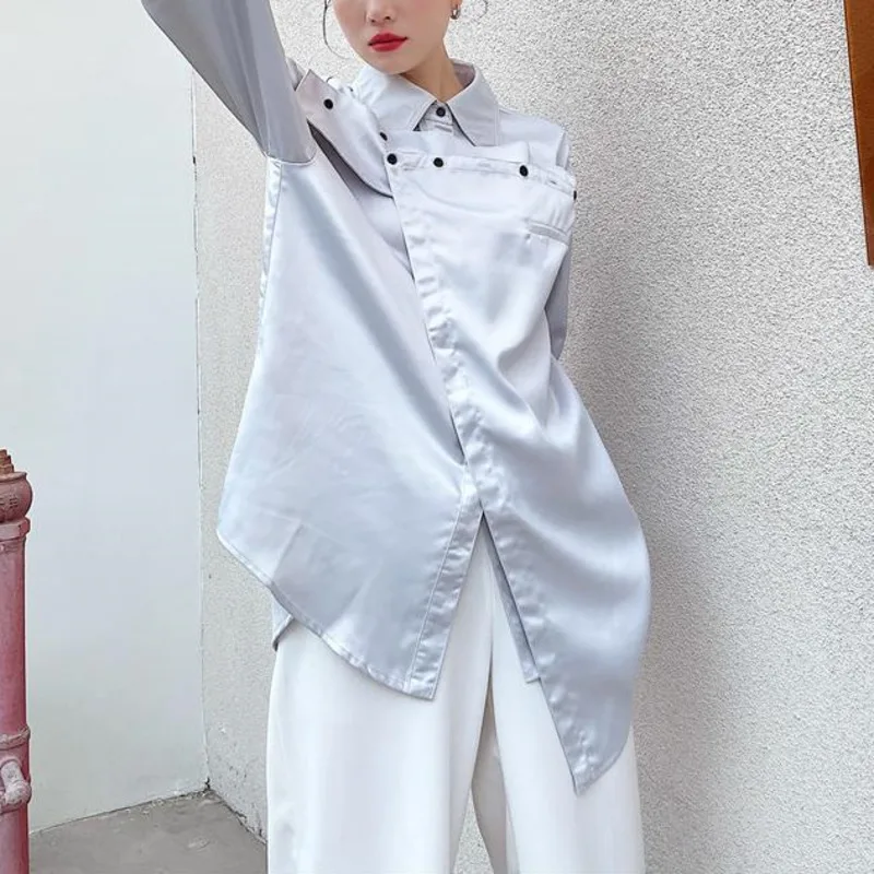 

DEAT 2021 New Women Fashion Loose Lapel Long Sleeve Pockets Asymmetrical All-match Slim Button Top Summer And Autumn 7E2087