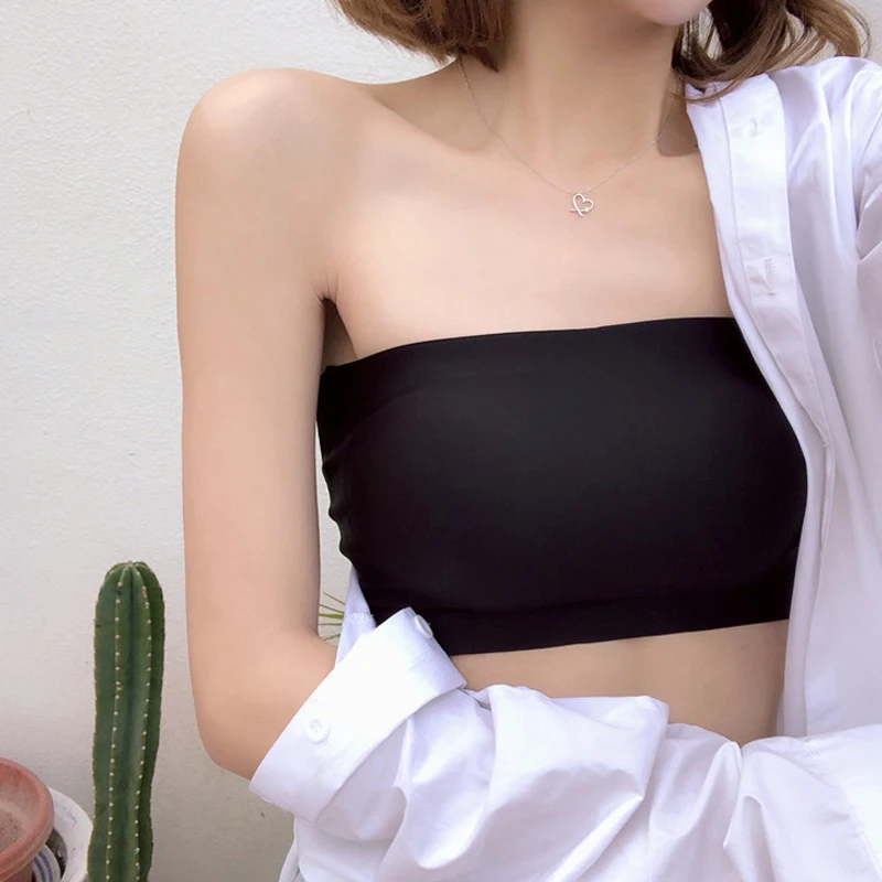 

Ice Silks Off-the-shoulder Bandeau Bra High-Elastic Padded Strapless Seamless Tube Crop Tops THJ99
