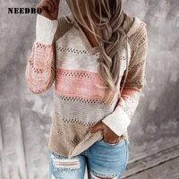 needbo sweater women hooded hollow out knitted womens sweaters pullover femme patchwork v neck casual loose ladies sweaters