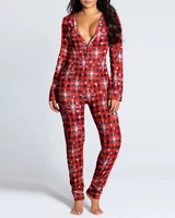 2021 winter warm lady christmas snowflake plaid functional buttoned flap adults pajamas sexy bodycon v neck long sleeve jumpsuit