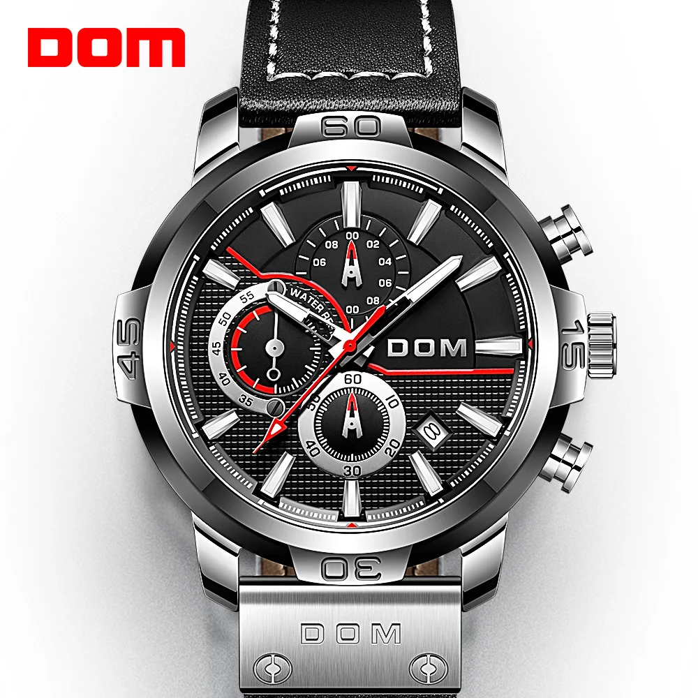 

DOM Men's Watch Timing Quartz Analog Fashion Business Watches Waterproof Man Genuine Leather Strap Gift For Men