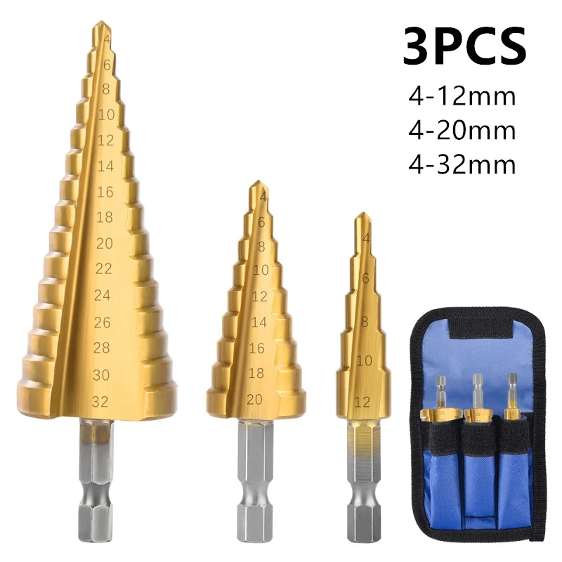 

3Pcs/set 4-12mm 4-20mm HSS Straight Groove Step Drill Bit Titanium Coated Wood Metal Hole Cutter Core Drilling Tools Set