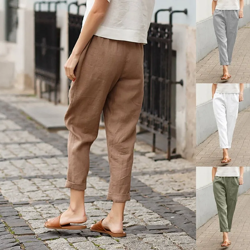 

Cotton Linen Big Pocket Thin Women's Pants Solid Elastic Waist Pant For Women 2021 Summer Straight White Homewear Trousers New