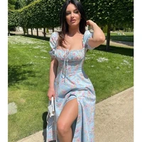 summer women dress puff sleeve flroal printed french style vintage long dress female 2021 fashion square collar holiday clothing