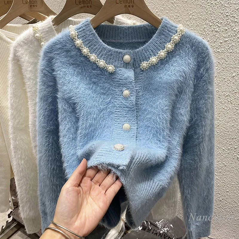 

Женская шикарная мягкая норковая трикотажная одежда в Корейском стиле, короткий вязаный кардиган, Милая женская одежда, весна-осень