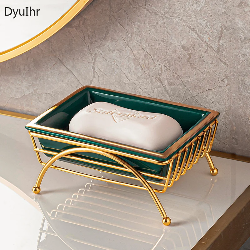 

DyuIhr Nordic ceramic drain soap box creative stainless steel hollow shelf bathroom countertop soap box drain hole design