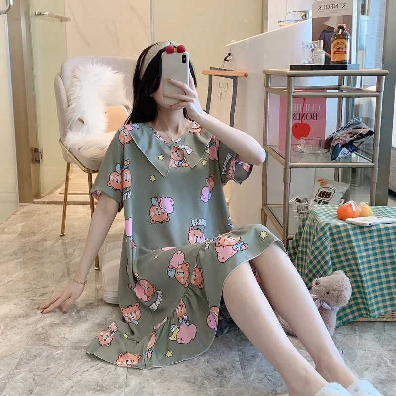 2021 New Summer Women's Nightdress Short Sleeve Nightgown Thin Large Size Loose Printed Housewear Female Sleepwear Nightwear