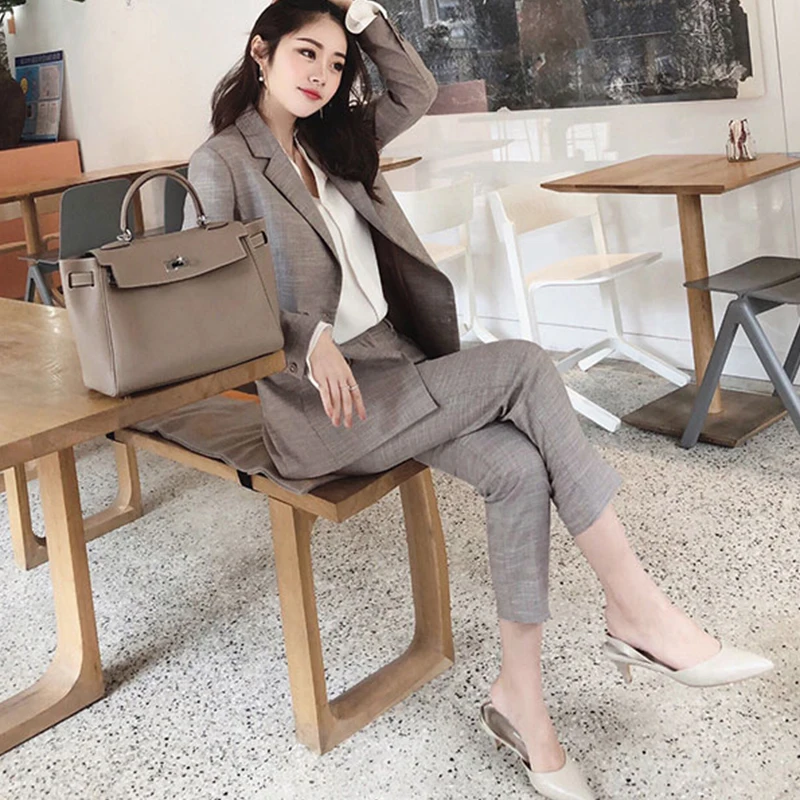 Женский костюм из 2 предметов повседневный Блейзер брюки с высокой талией