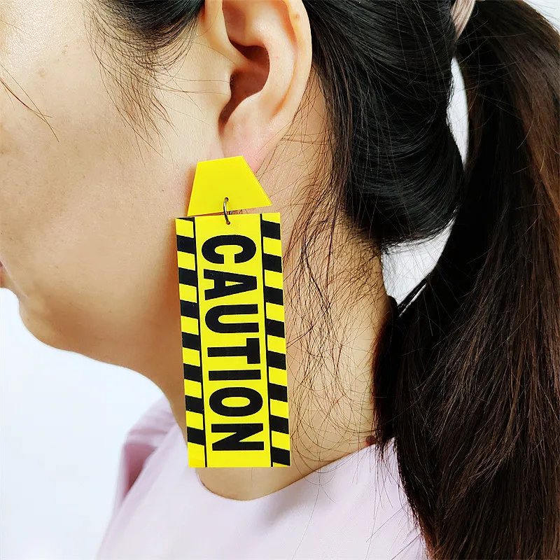 

KUGUYS Fashion HipHop Rock Drop Earring for Women Jewelry Accessories Acrylic Letter Stripe Festival Dancer Yellow Caution Card