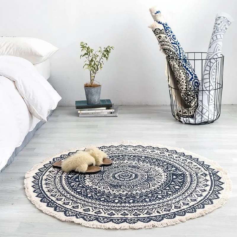 

Round Carpet Cotton And Linen Retro Rugs Tassel Design Hand Woven Bedroom Decor Area Rug Home Floor Room Living Mat For Carpets