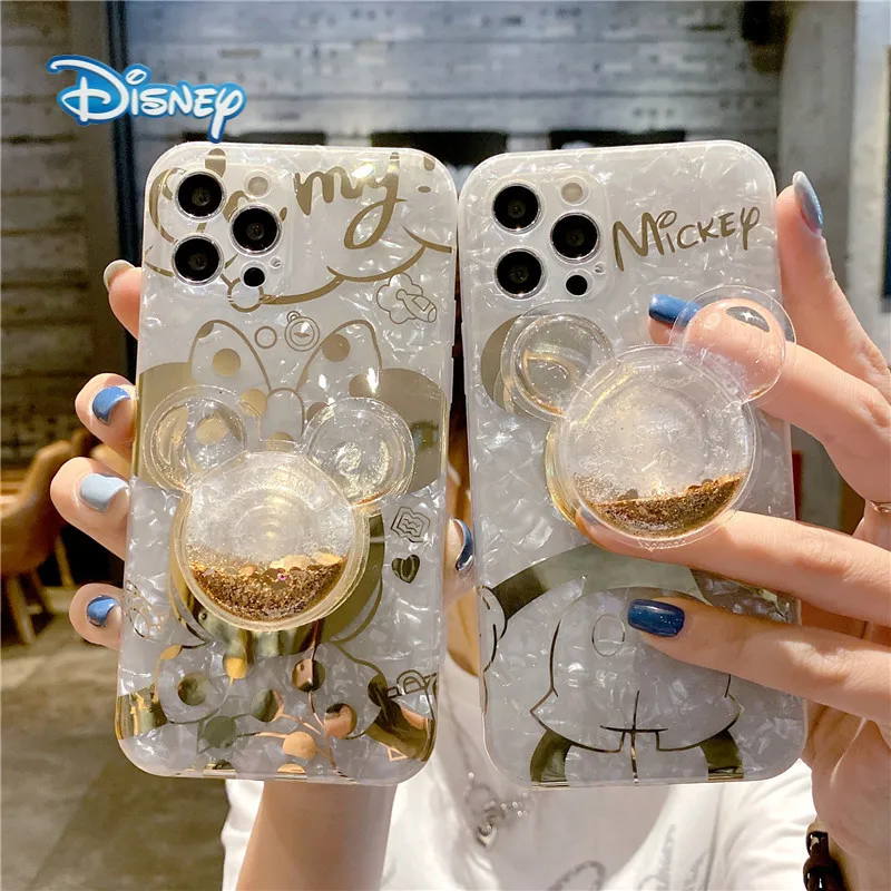 

Disney Mickey Bronzing Cartoon Mobile Phone Case With Holder for iPhone13 12 11 Pro Max Mini XR XS 7 8 Plus Cute Anti-Fall Cover