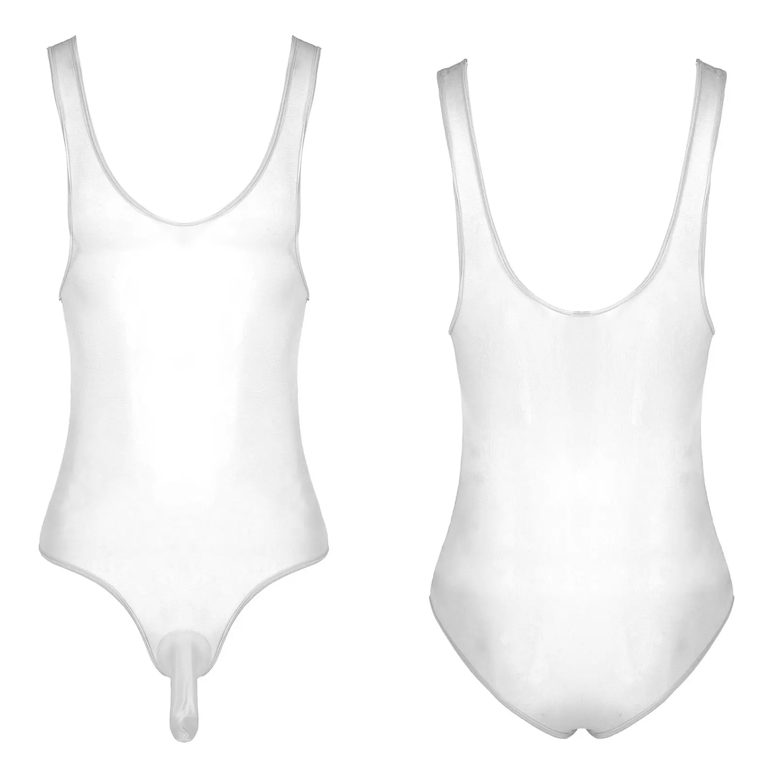 

Women/Men Sissy Glossy Stretchy Bodysuit Bodystocking Transparent See-through Singlet Sleeveless Bulge Pouch Teddies Nightwear