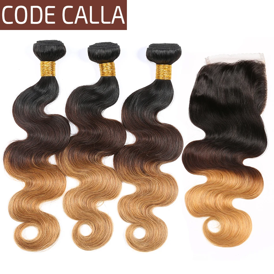 Ombre Brazilian Body Wave 3 Bundles with Lace Closure Free Part Remy Human Hair Weave Bundles with Closure Code Calla Extensions