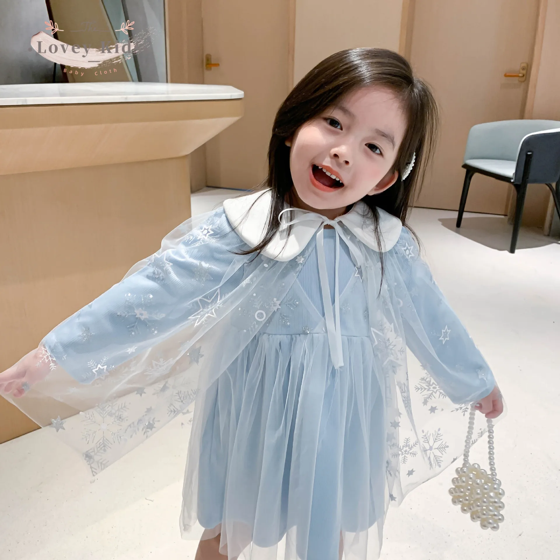 Осень 2020 платья для маленьких девочек 2 шт. с накидкой милая сетчатая пачка синее