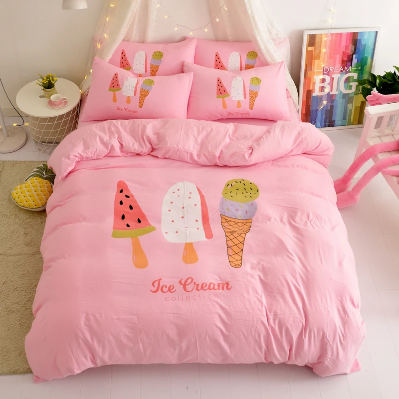

Комплект постельного белья из розового мытого мороженого из хлопка, Комплект постельного белья с пододеяльником и простыней, наволочка, Ко...