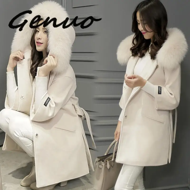 Женское шерстяное пальто с капюшоном из искусственного лисьего меха 2019 | Женская