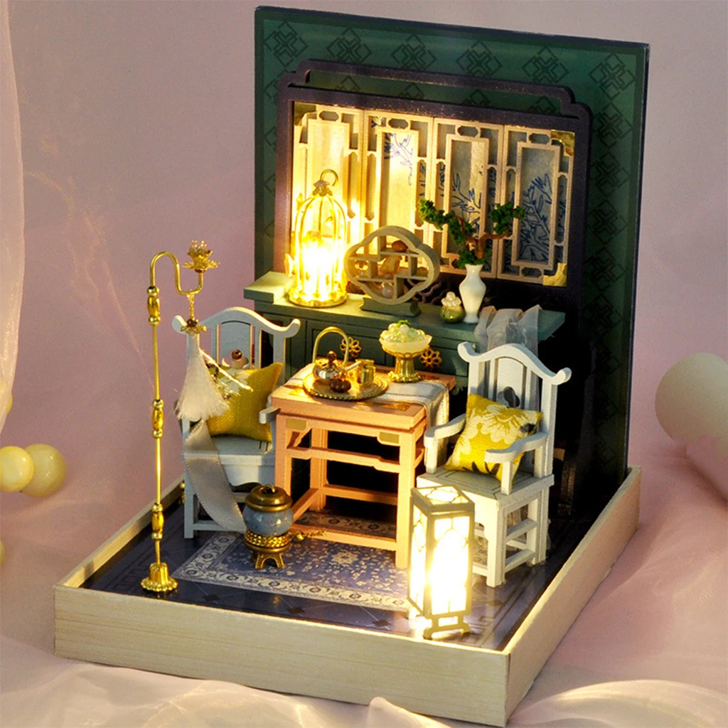 

Wood Dollhouse With Retro Traditional Furniture LED Light Building Kit Toy