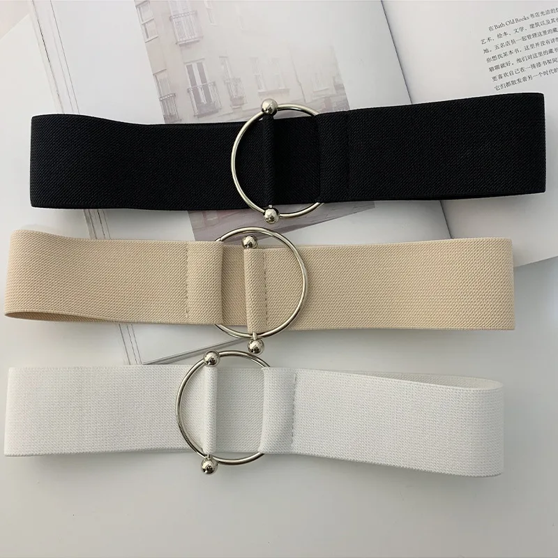 

Belts for Women Black Simple Waist Elastic Ladies Band Round Buckle Decoration Coat Sweater Fashion Dress Rice White