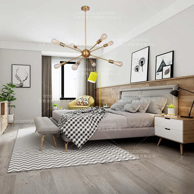 

Industrial modern loft fixtures hanging brushed brass gold metal iron Starburst Sputnik pendant light for living room
