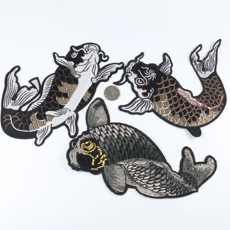 

Chinese Style Carp Fish Embroidered Patches Stripes Classic Ethnic Carp Koi Embroidery Patch DIY Patches Applique Cloth Stickers