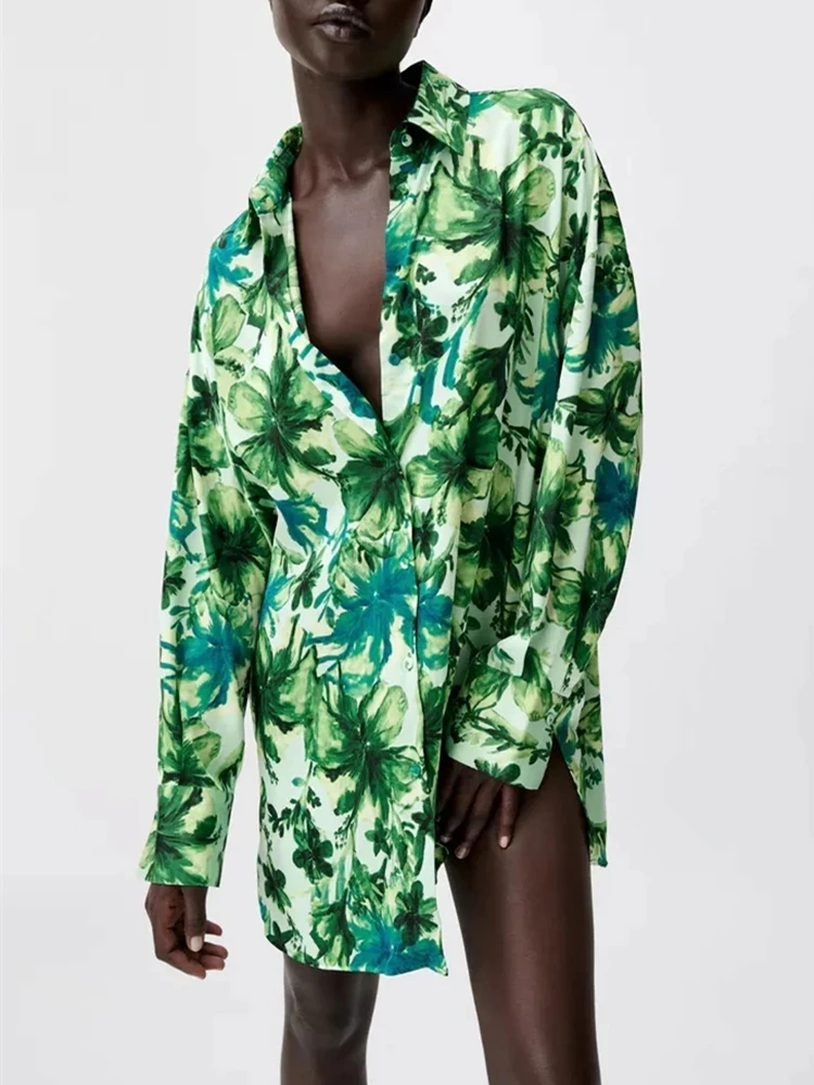 

Women Shirt 2021 Casual Tropical Print Summer Shirt Loose Lapel Long Sleeve Side Vent Hem Button Woman Green Shirts Chic Tops