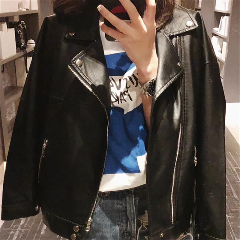 Куртка женская из мягкой ПУ кожи, свободная черная мотоциклетная куртка, короткая уличная одежда из искусственной кожи в стиле панк-бойфрен... от AliExpress RU&CIS NEW