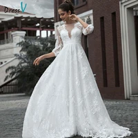 ivory elegant wedding dress 34 sleeves appliques a line floor length button court train lace outdoorchurch wedding dresses
