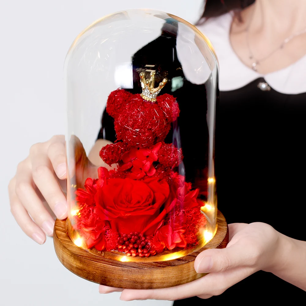 Вечный настоящий цветок мишка Роза цветы в стеклянном куполе украшение для дома