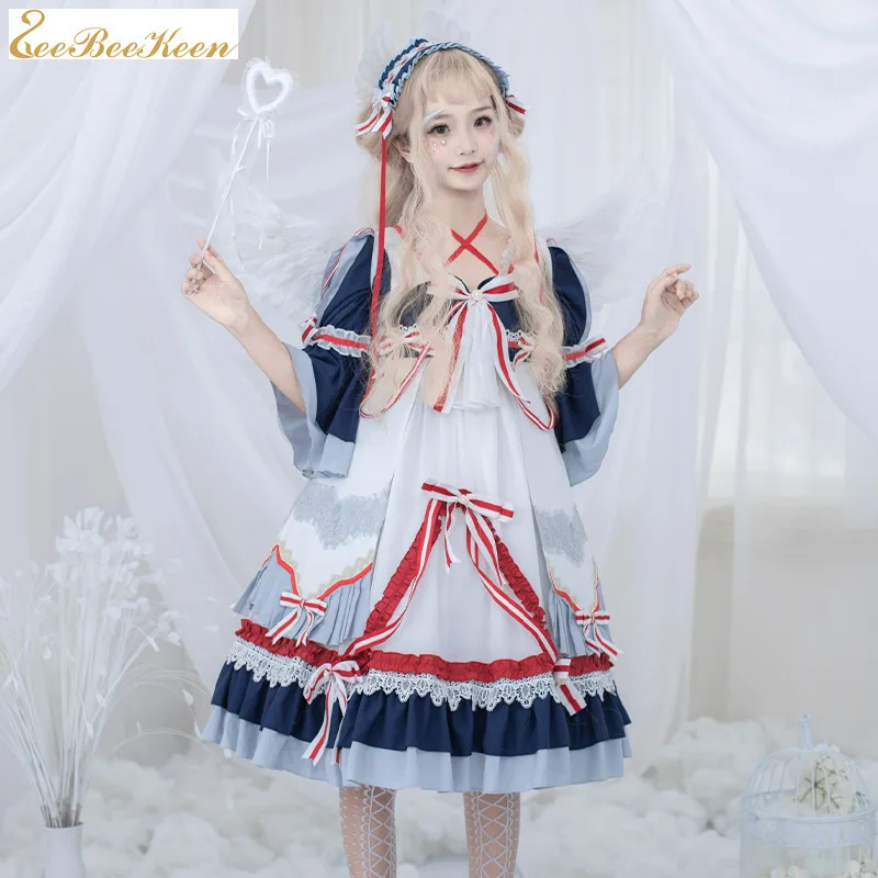 Женское платье для косплея Hanfu взрослых голубое с бантом и перекрестными лямками