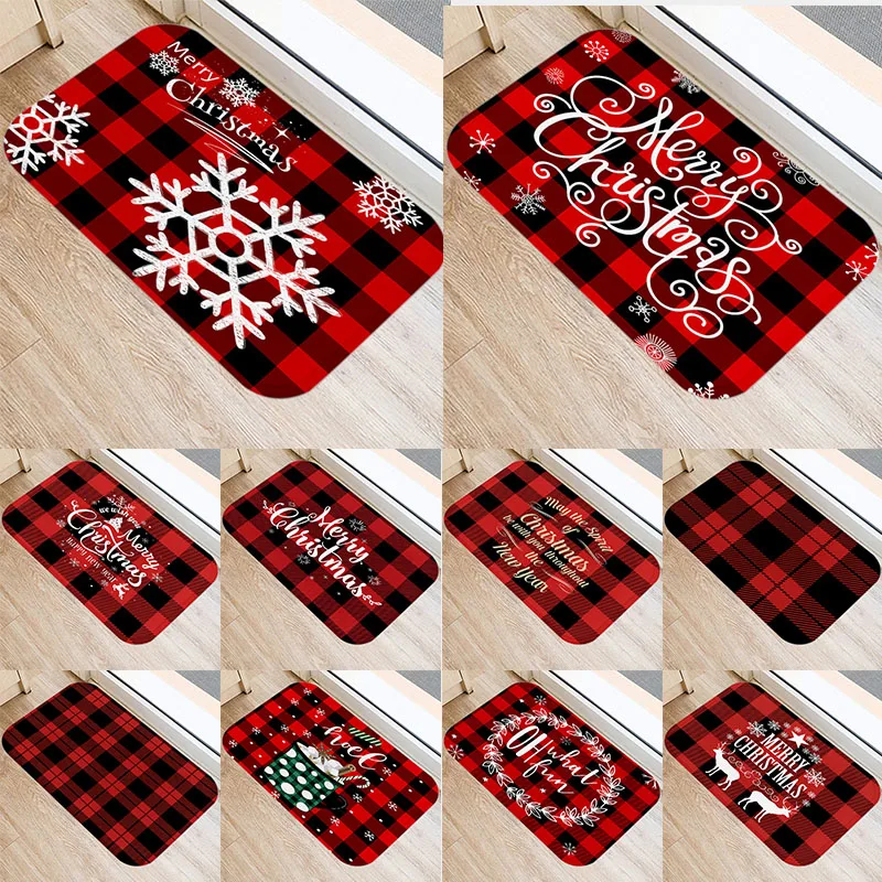 

Red Plaid Christmas Snowflake Decoration Kitchen Door Mats 40x60cm Velvet Carpet Doormat Indoor Floor Bathroom Anti-Slip Rug
